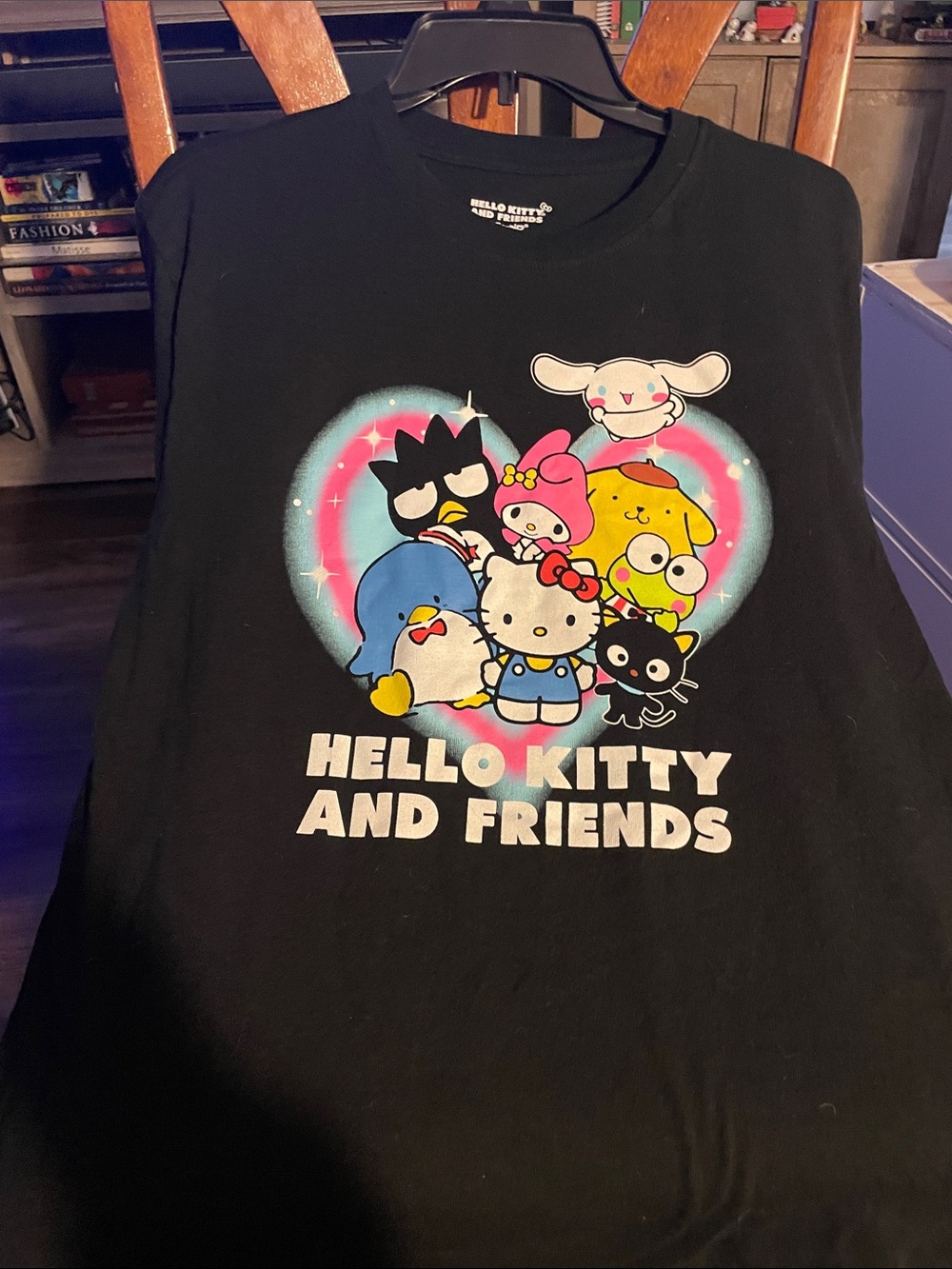 Hello Kitty Black Tee with Colorful Character Heart Graphic